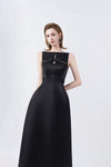 boat neckline on a black A-line midi, DeTHEIA