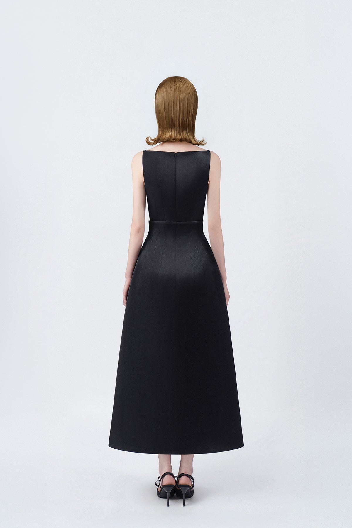 black A-line midi dress with back zip, DeTHEIA De Nona Cometa