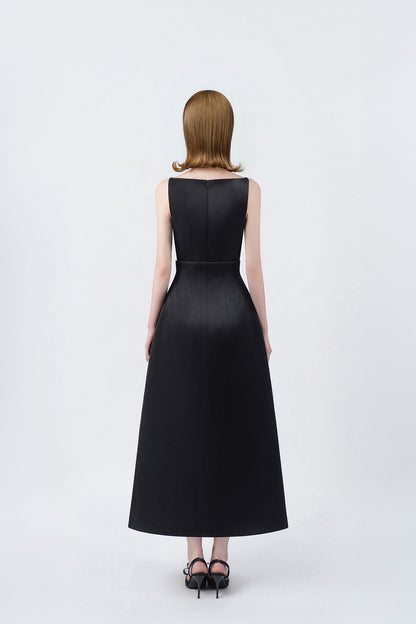 black A-line midi dress with back zip, DeTHEIA De Nona Cometa