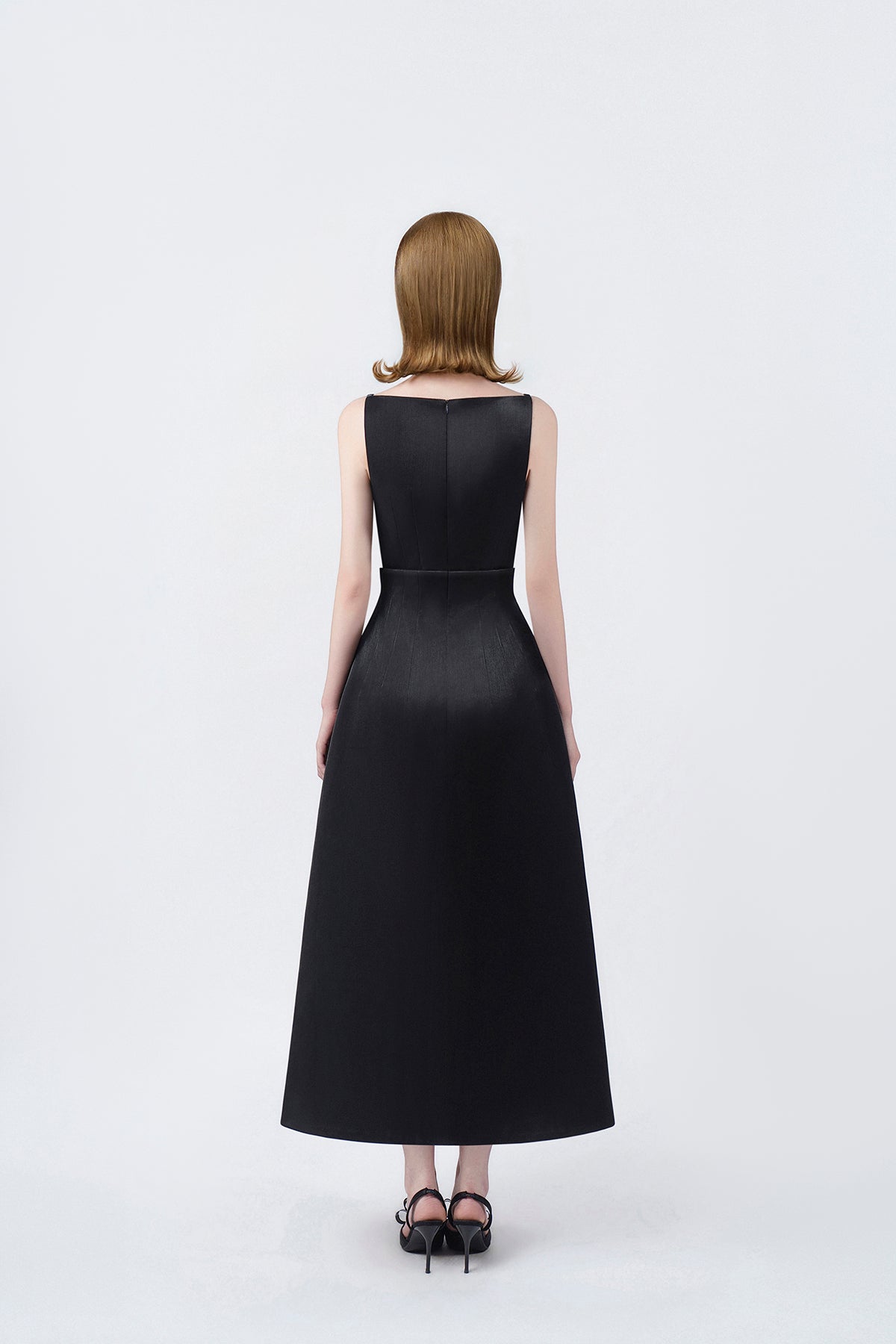 black A-line midi dress with back zip, DeTHEIA De Nona Cometa