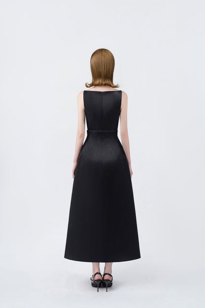 black A-line midi dress with back zip, DeTHEIA De Nona Cometa