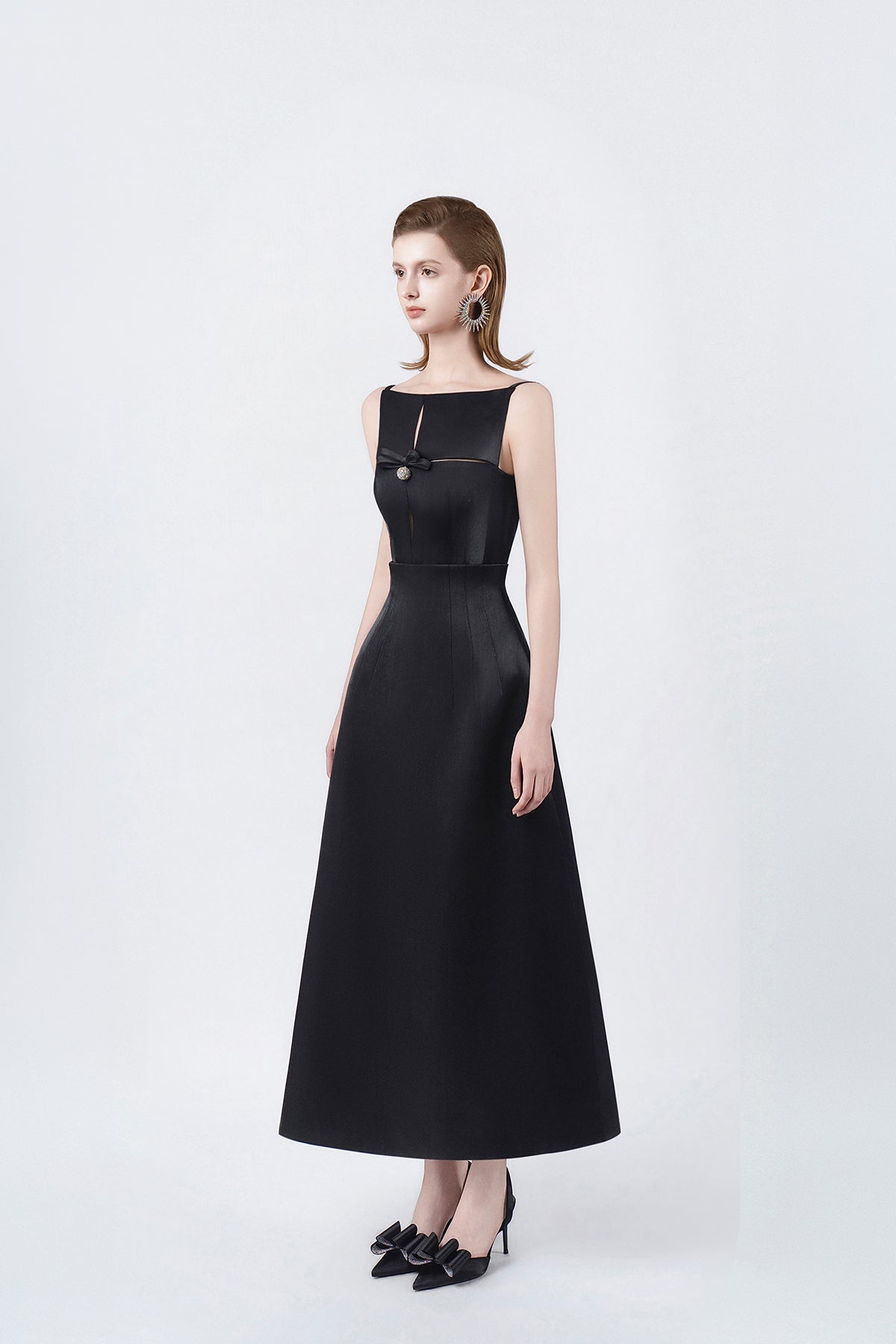 black flared A-line midi dress, DeTHEIA