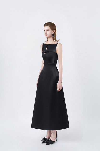 black flared A-line midi dress, DeTHEIA