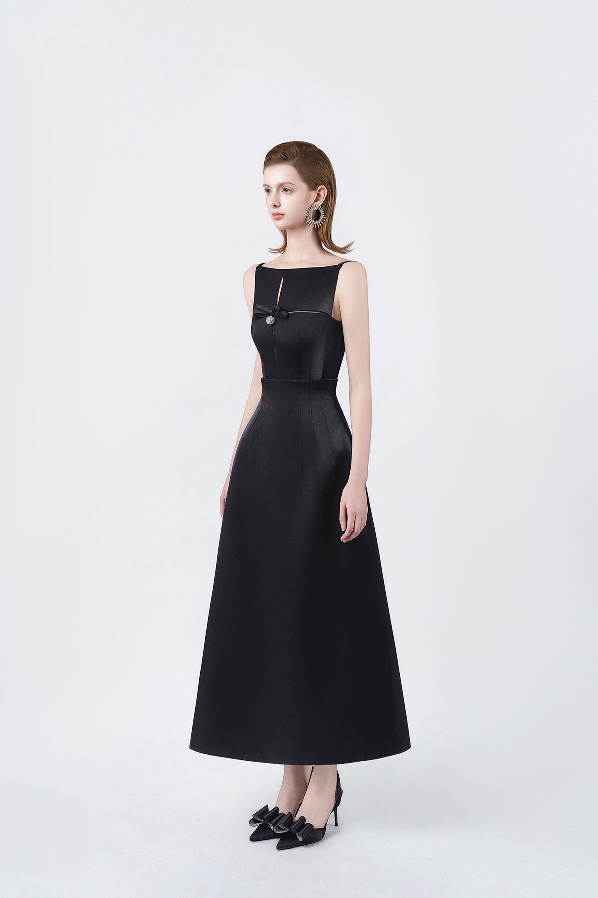 black flared A-line midi dress, DeTHEIA
