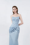 light-blue strapless pencil midi dress, DeTHEIA