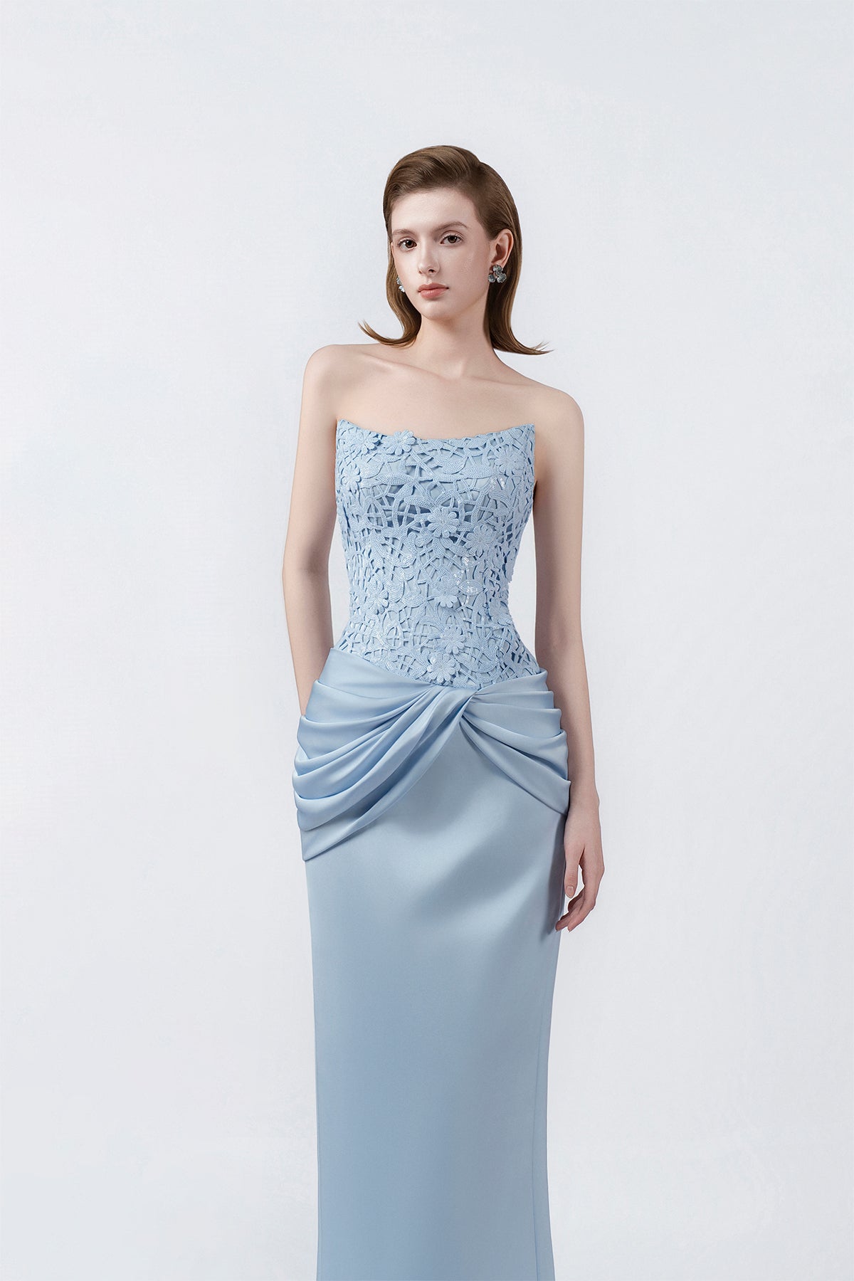 sweetheart neckline and ruching on light blue, DeTHEIA