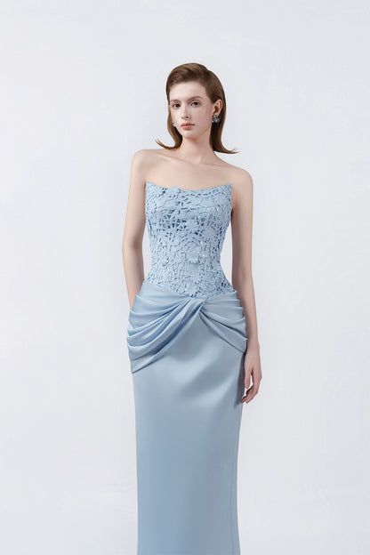 sweetheart neckline and ruching on light blue, DeTHEIA