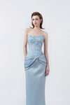 sweetheart neckline and ruching on light blue, DeTHEIA