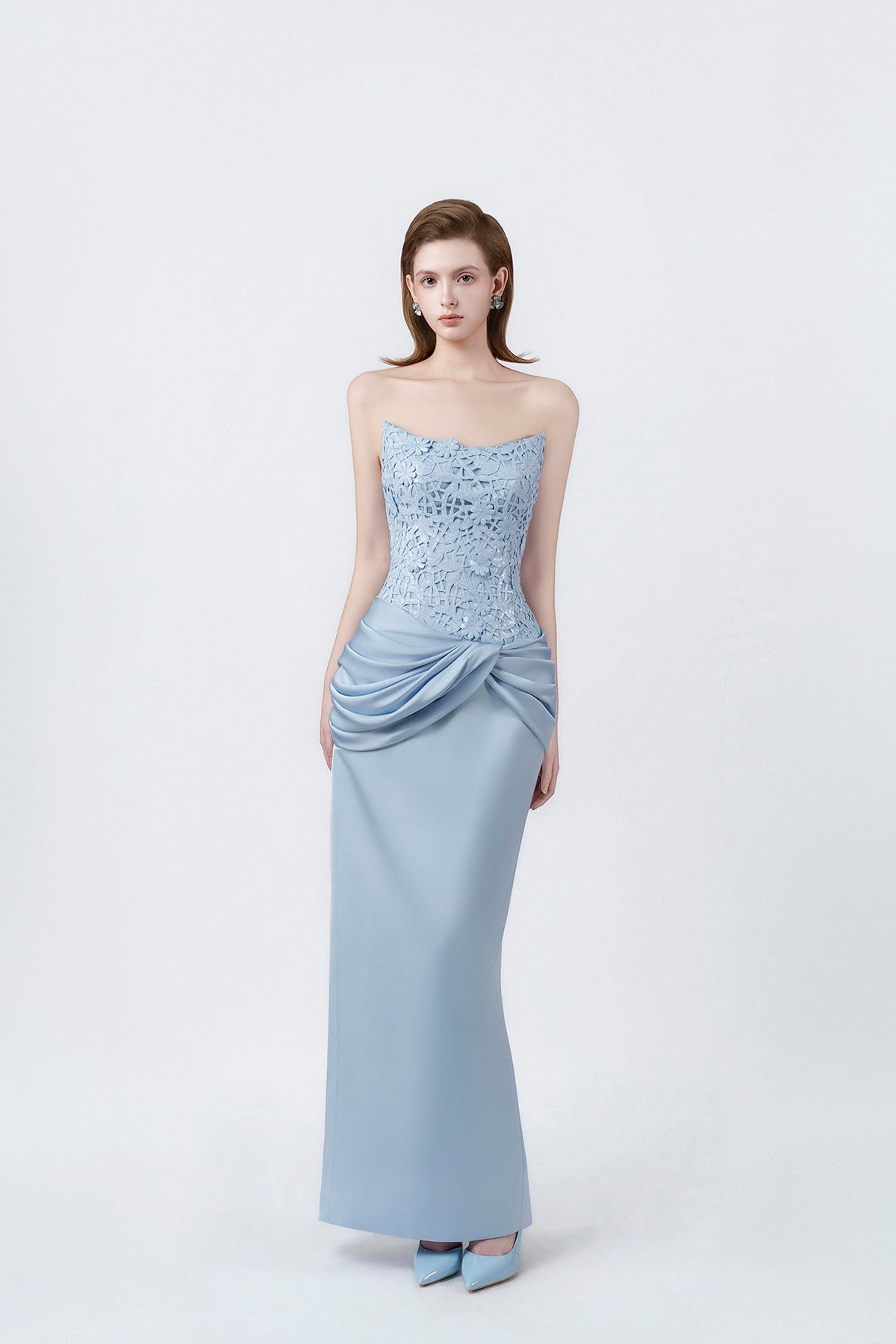 light-blue strapless midi dress, DeTHEIA De Nona Cometa