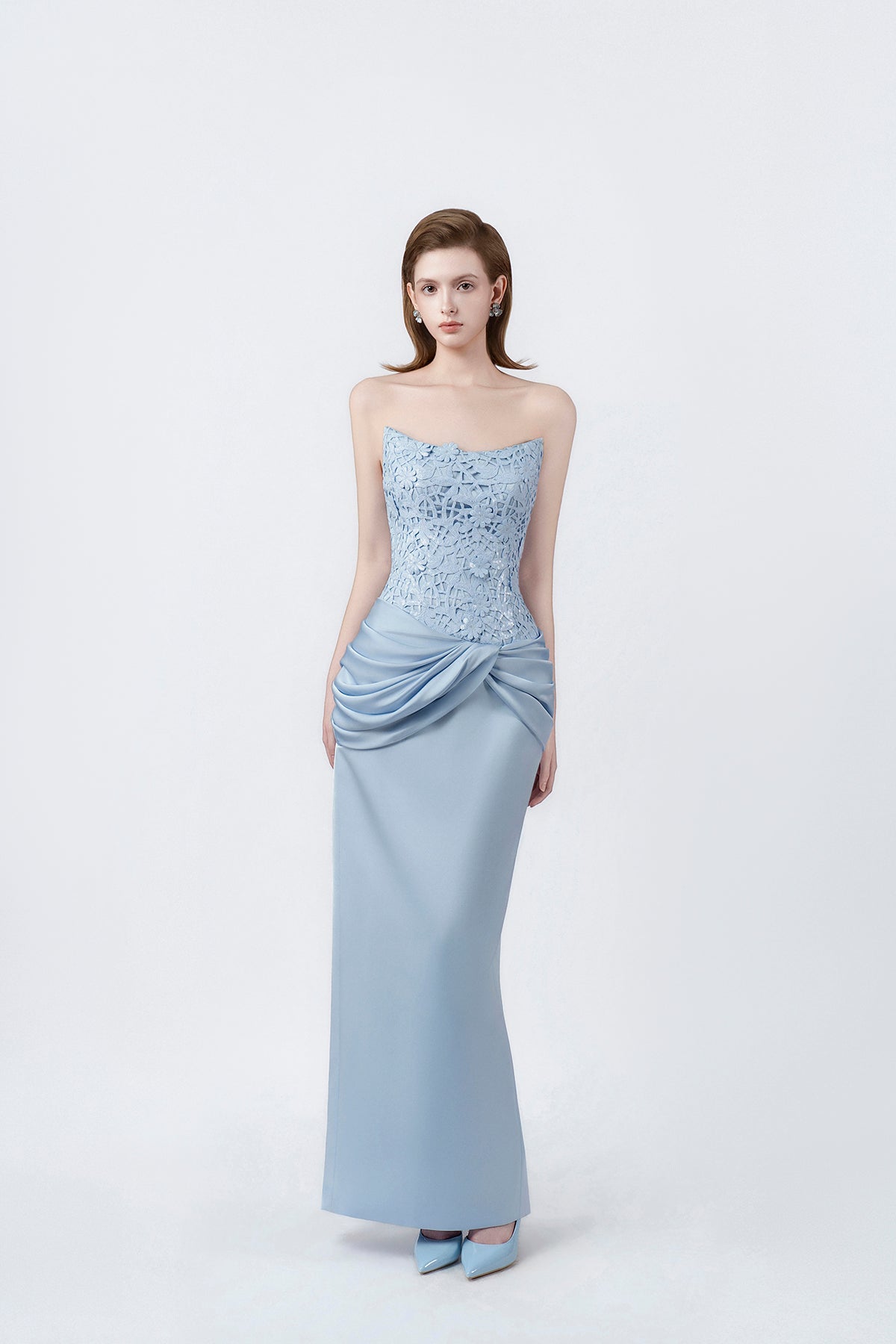 light-blue strapless midi dress, DeTHEIA De Nona Cometa