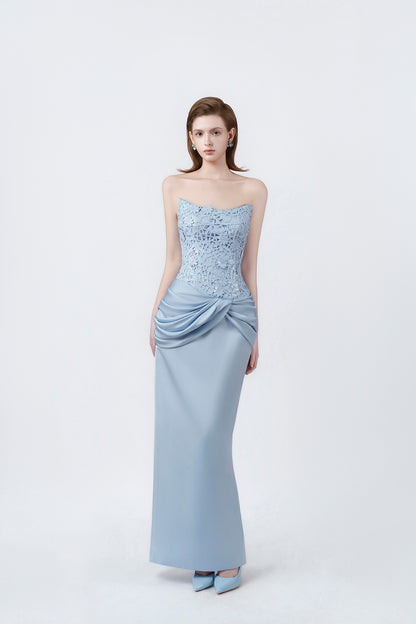light-blue strapless midi dress, DeTHEIA De Nona Cometa