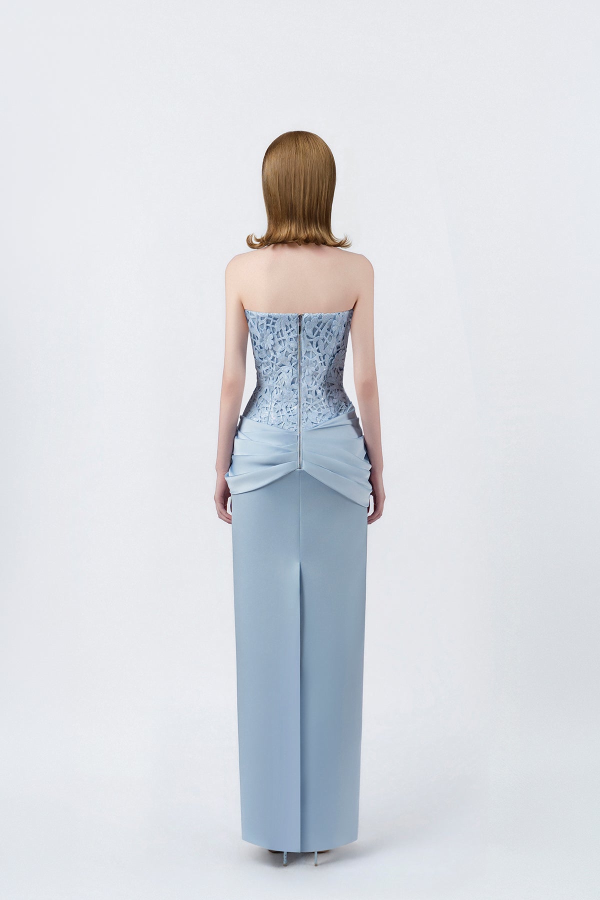 light-blue strapless pencil midi dress with back zip, DeTHEIA