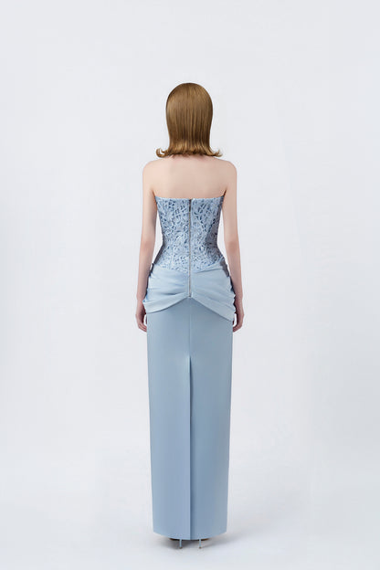 light-blue strapless pencil midi dress with back zip, DeTHEIA