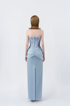 light-blue strapless pencil midi dress with back zip, DeTHEIA