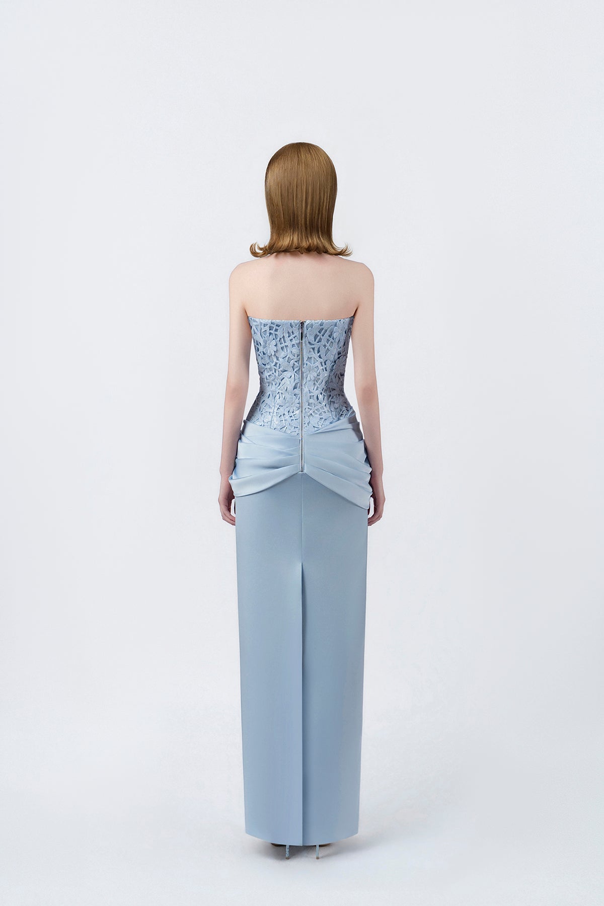 light-blue strapless pencil midi dress with back zip, DeTHEIA
