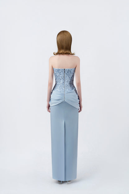 light-blue strapless pencil midi dress with back zip, DeTHEIA
