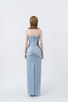 light-blue strapless pencil midi dress with back zip, DeTHEIA