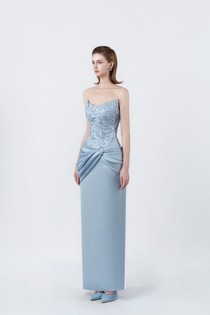 light-blue fitted pencil midi dress, DeTHEIA