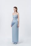light-blue fitted pencil midi dress, DeTHEIA