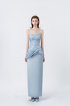 model in a light-blue strapless ruched pencil midi dress, DeTHEIA