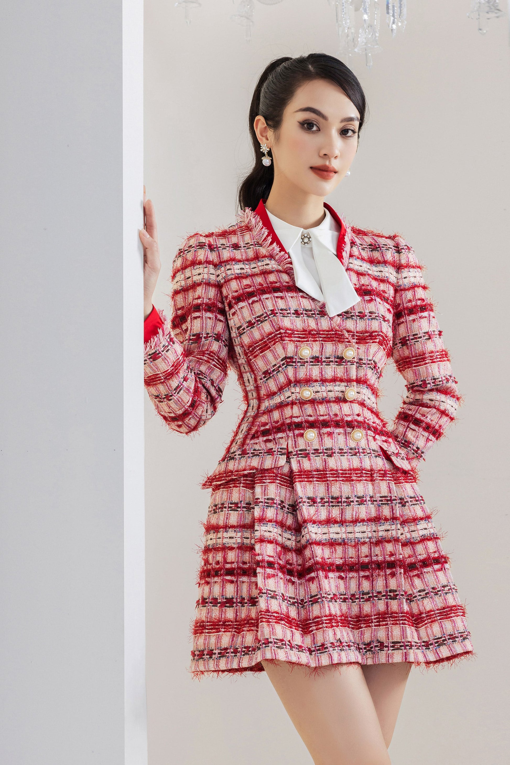 red plaid a line dress Vintage Christmas Plaid Dress A-Line Knee Length Party Tartan Dresses YW243106