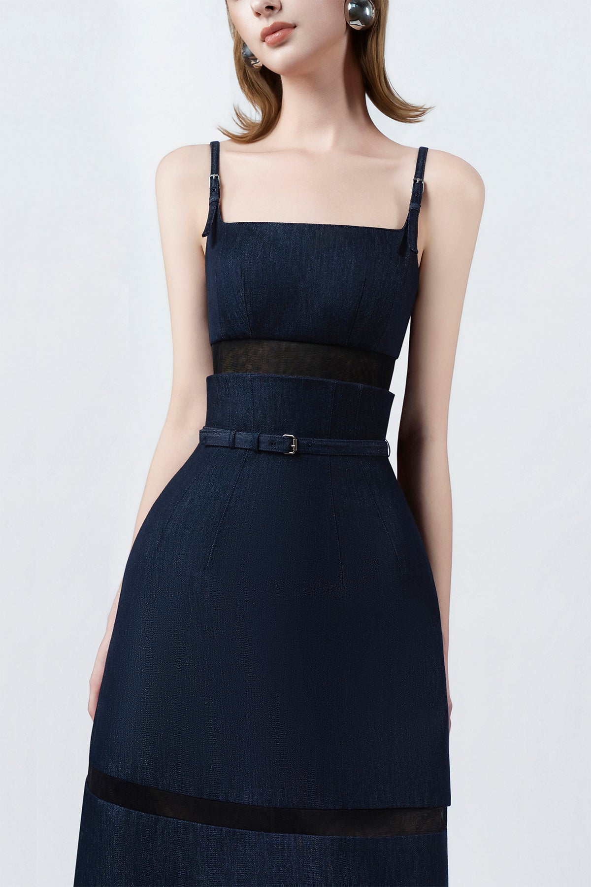 denim-blue A-line midi dress, DeTHEIA De Nona Cometa
