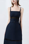 denim-blue A-line midi dress, DeTHEIA De Nona Cometa