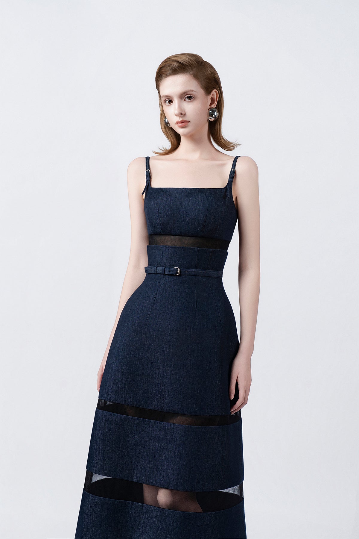 square neckline and metallic floral embroidery on denim blue, DeTHEIA