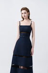 square neckline and metallic floral embroidery on denim blue, DeTHEIA
