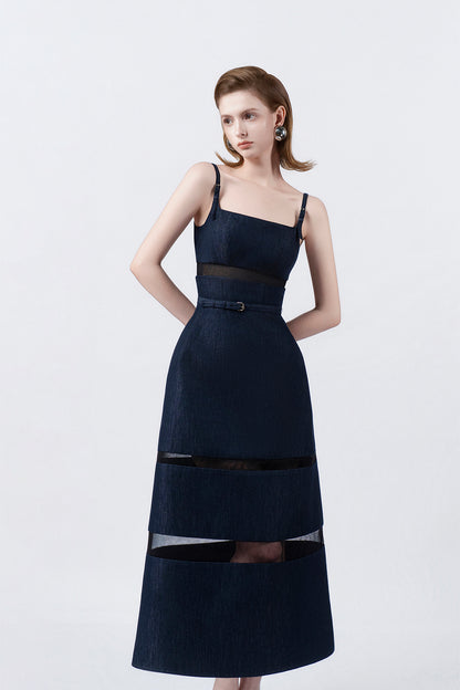 denim-blue A-line midi dress, DeTHEIA De Nona Cometa