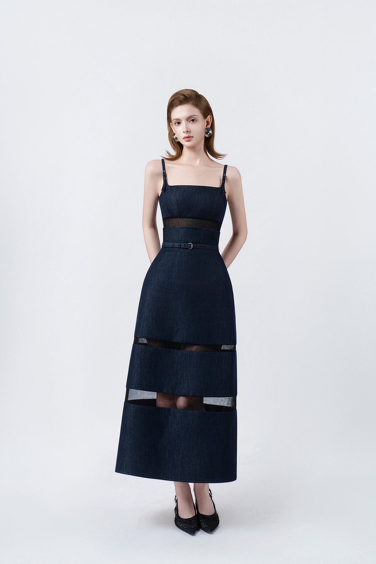 denim-blue A-line midi dress, DeTHEIA De Nona Cometa