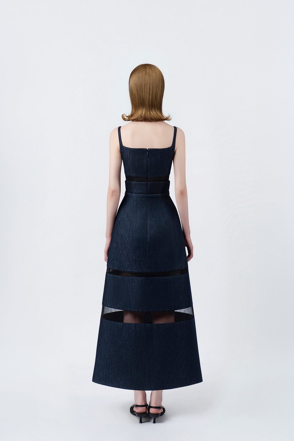 denim-blue A-line midi dress with back zip, DeTHEIA