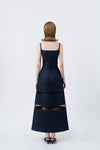 denim-blue A-line midi dress with back zip, DeTHEIA