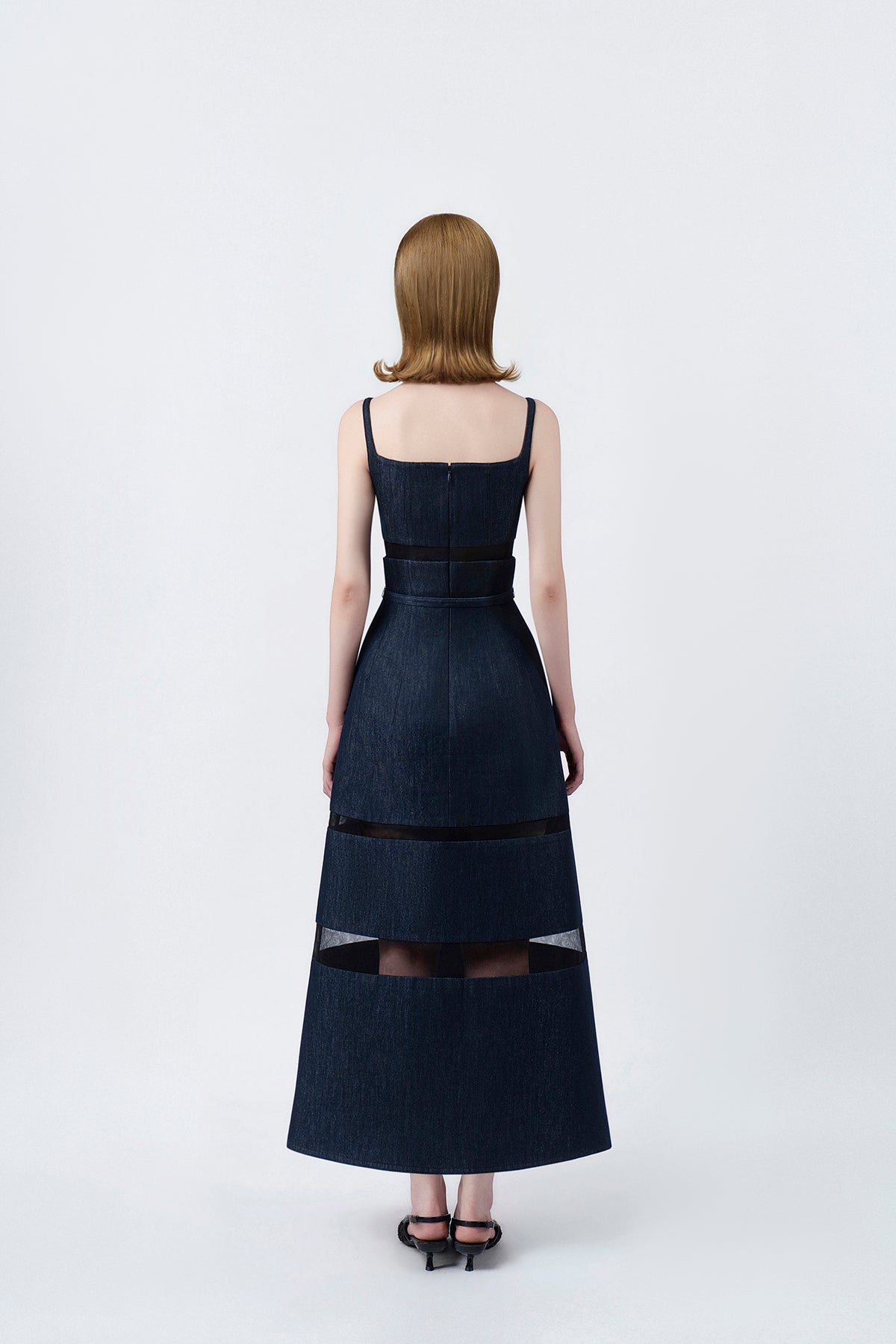denim-blue A-line midi dress with back zip, DeTHEIA