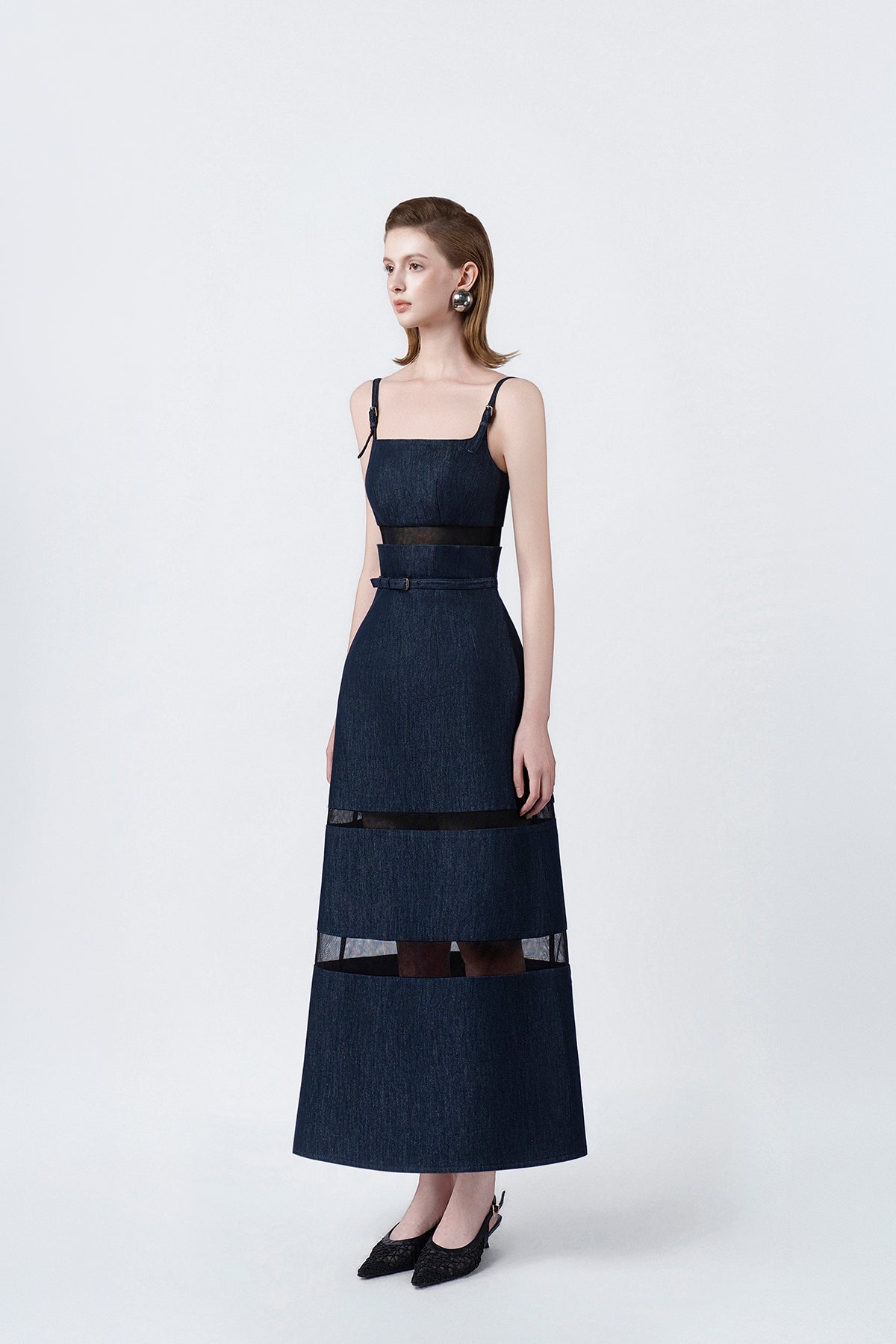 denim-blue A-line midi dress with flared skirt, DeTHEIA