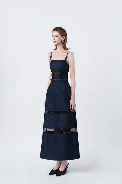 denim-blue A-line midi dress with flared skirt, DeTHEIA