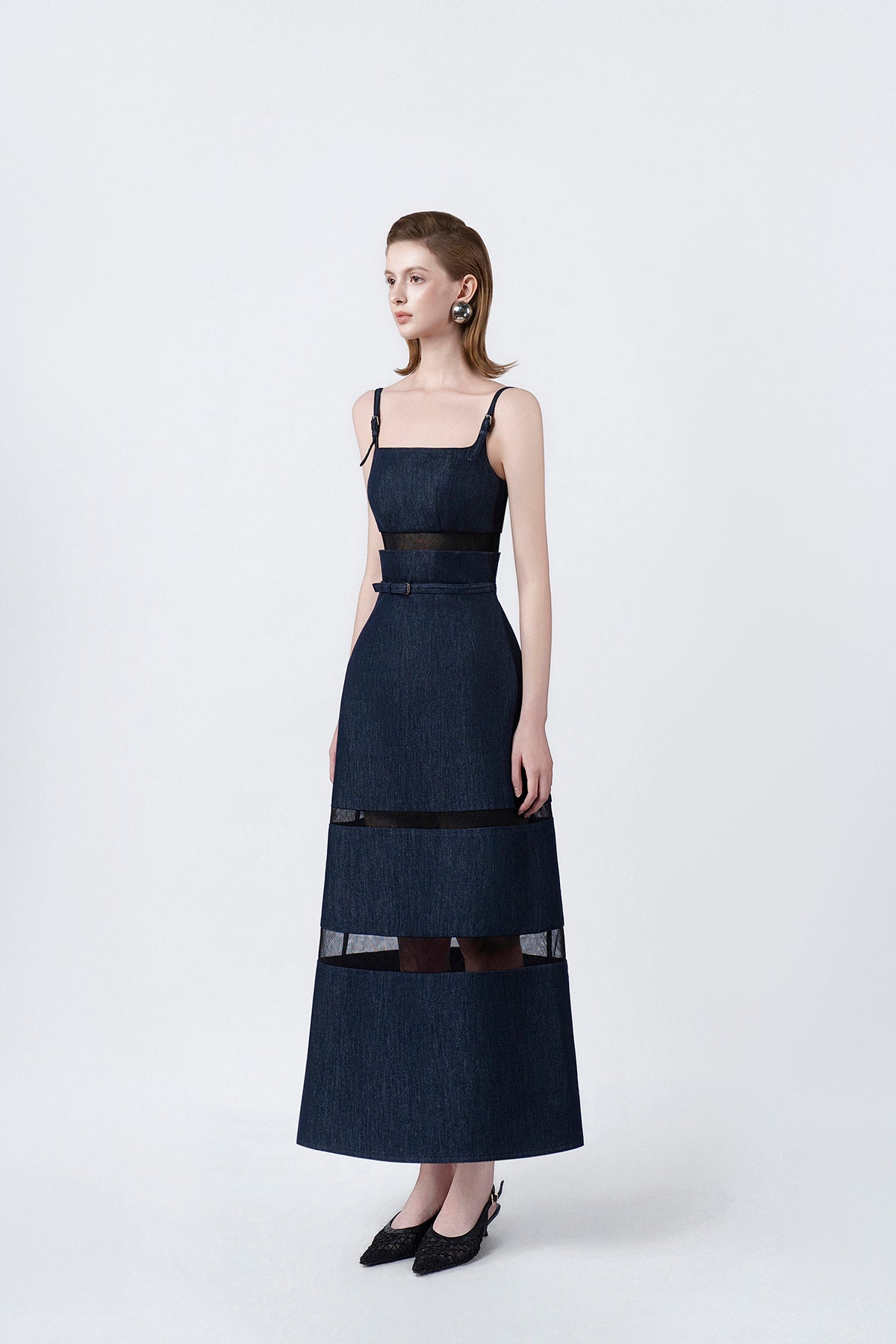 denim-blue A-line midi dress with flared skirt, DeTHEIA