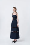 denim-blue A-line midi dress with flared skirt, DeTHEIA