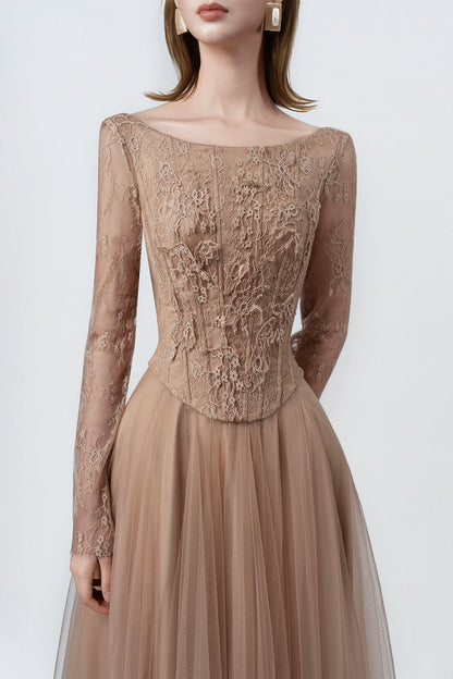 boat neckline and lace on a nude maxi dress, DeTHEIA