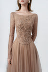 boat neckline and lace on a nude maxi dress, DeTHEIA