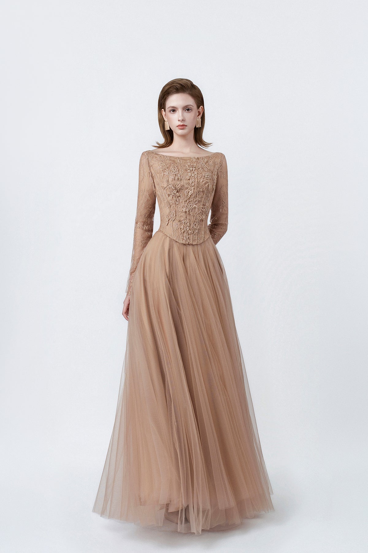nude long-sleeve lace maxi dress, DeTHEIA De Nona Cometa