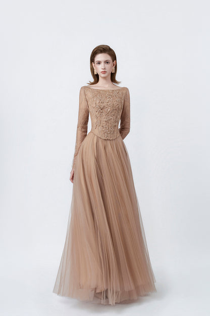 nude long-sleeve lace maxi dress, DeTHEIA De Nona Cometa