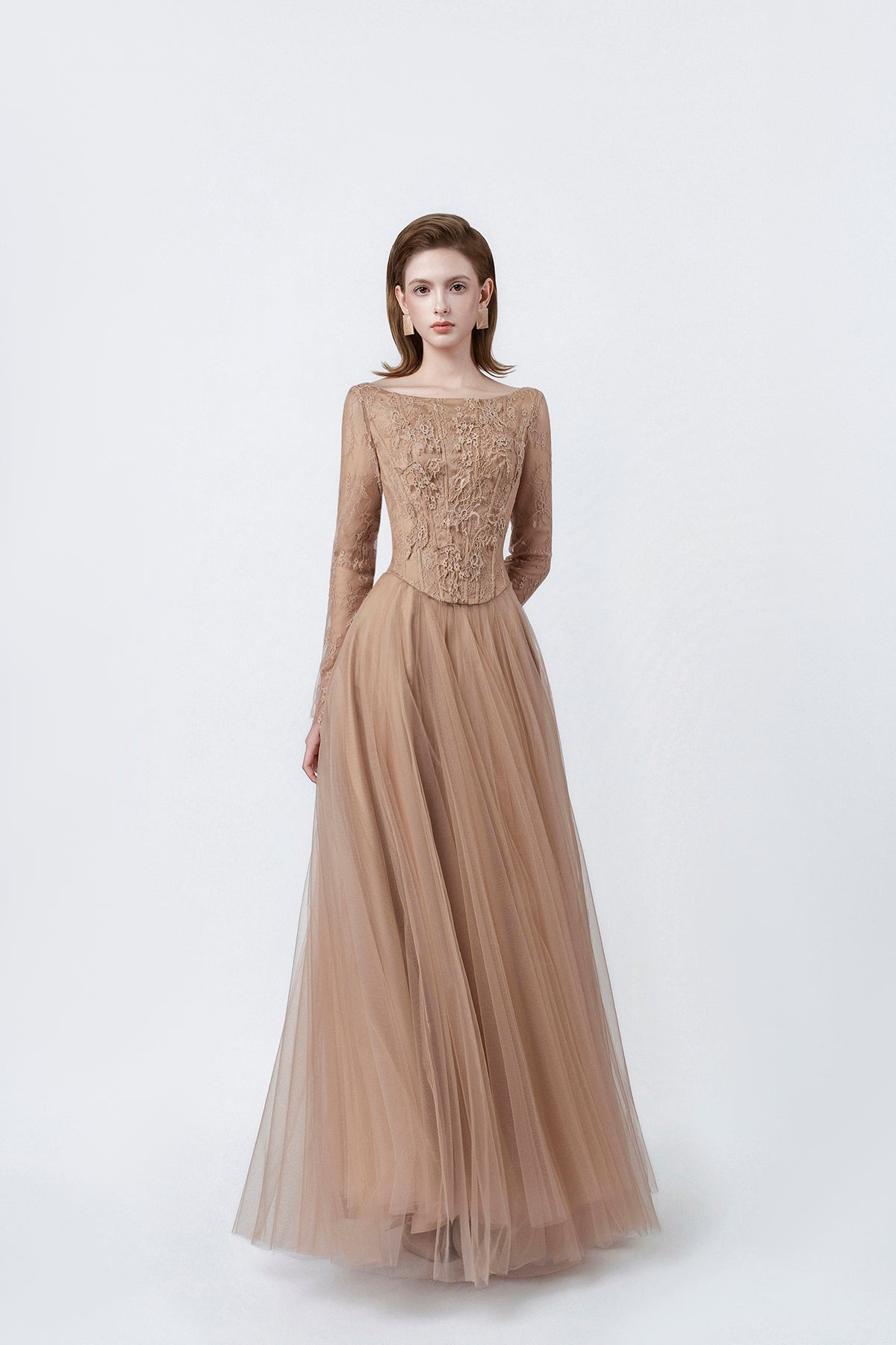 nude long-sleeve lace maxi dress, DeTHEIA De Nona Cometa