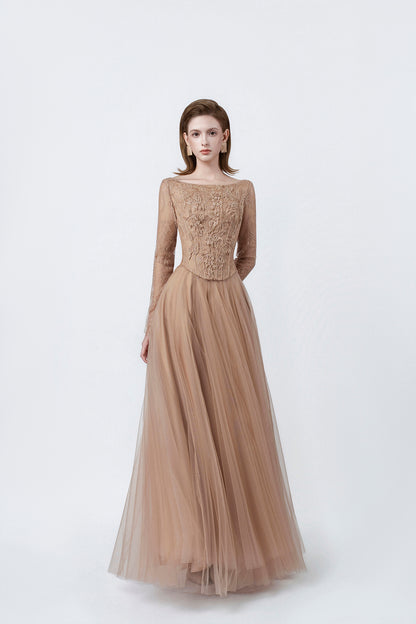 nude long-sleeve lace maxi dress, DeTHEIA De Nona Cometa