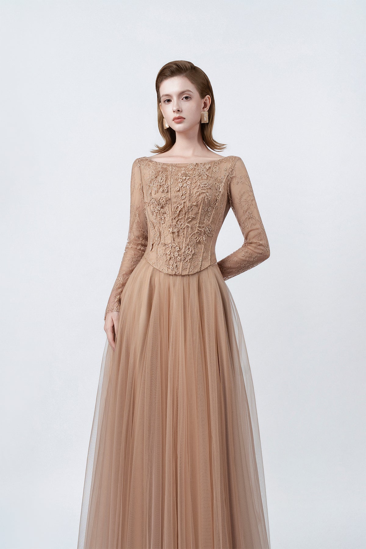 boat neckline and lace on a nude maxi dress, DeTHEIA