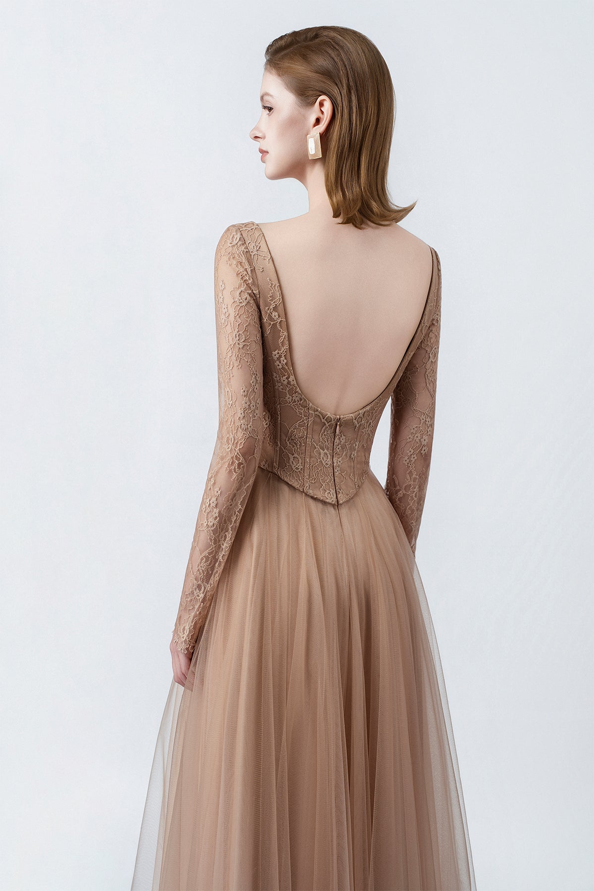 sheer lace long sleeve on the nude maxi dress, DeTHEIA