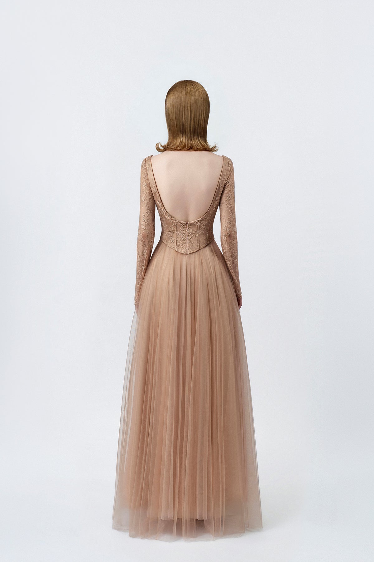 nude maxi dress with open lace back, DeTHEIA De Nona Cometa