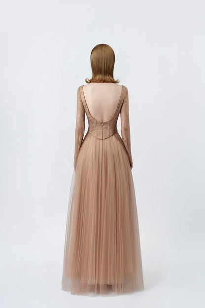 nude maxi dress with open lace back, DeTHEIA De Nona Cometa