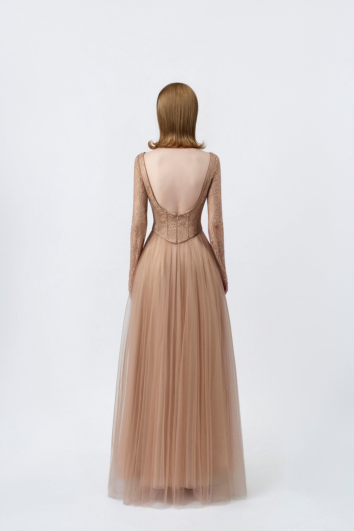 nude maxi dress with open lace back, DeTHEIA De Nona Cometa