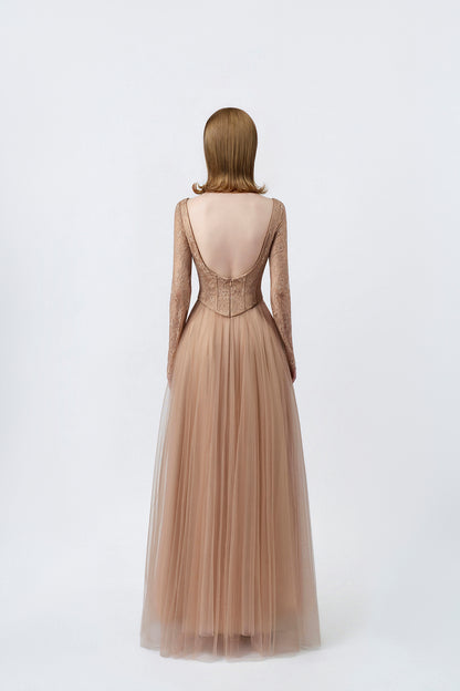 nude maxi dress with open lace back, DeTHEIA De Nona Cometa